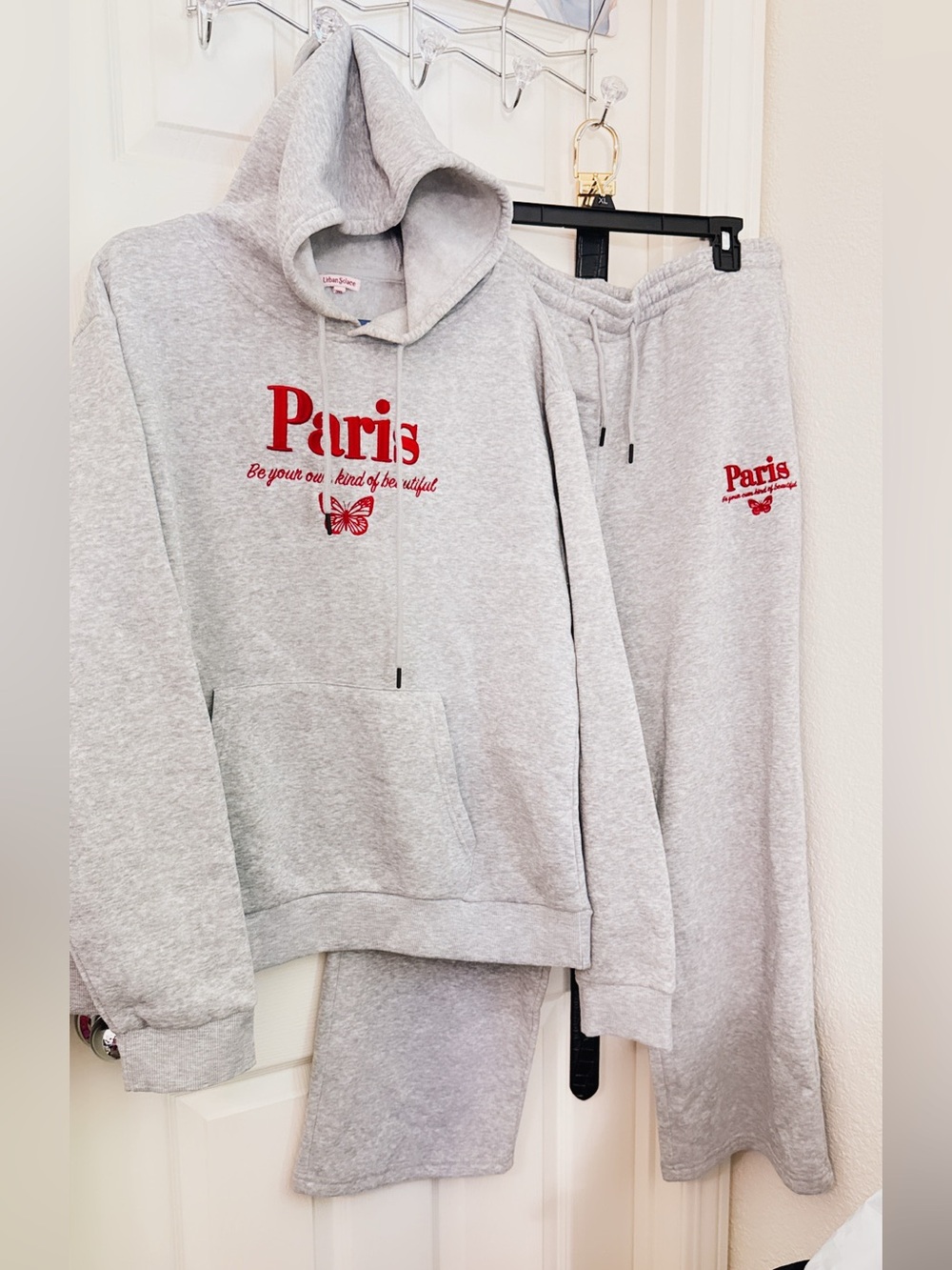 Paris Embroidered Gray Hoodie & Sweatpants Set - Women's Long Sleeve